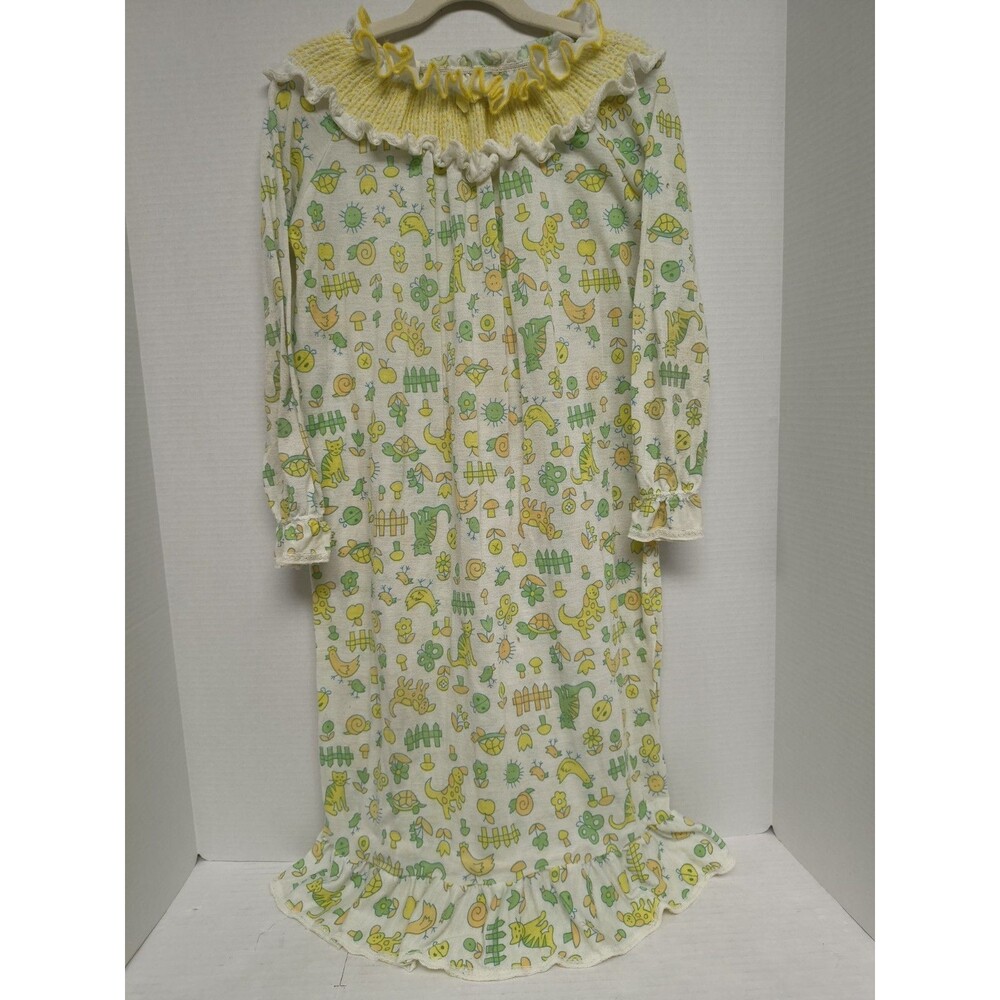 Vtg Carters Yellow Animal Print Nightgown Sleepwear Pajamas Size 6X 1980s Retro